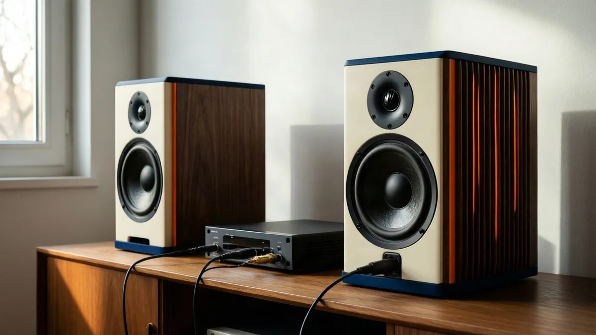 Dos altavoces de madera oscura y crema con bordes azules descansan sobre un mueble de madera, conectados a un amplificador negro.