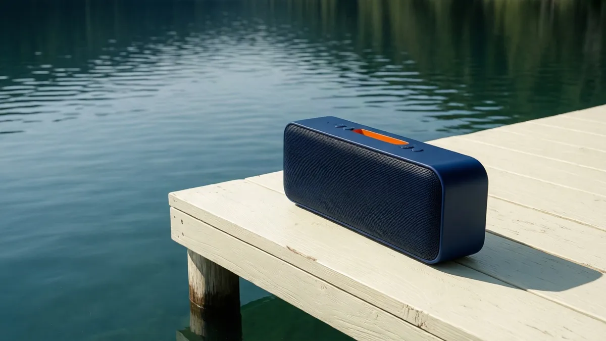 Altavoz Bluetooth azul sobre un muelle de madera junto a un lago tranquilo