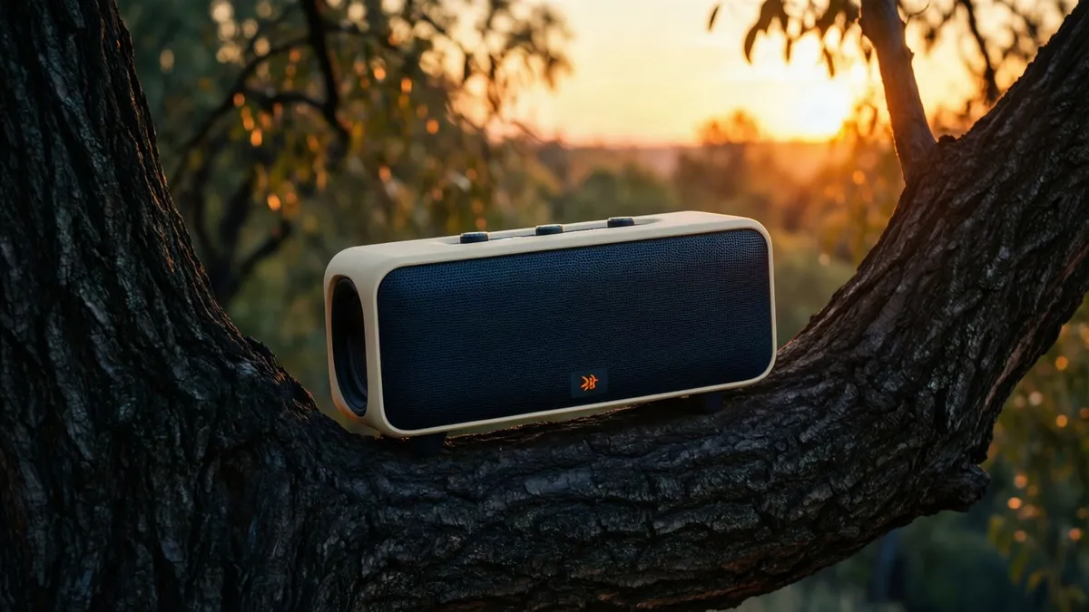 Altavoz Bluetooth portátil azul sobre una rama al atardecer