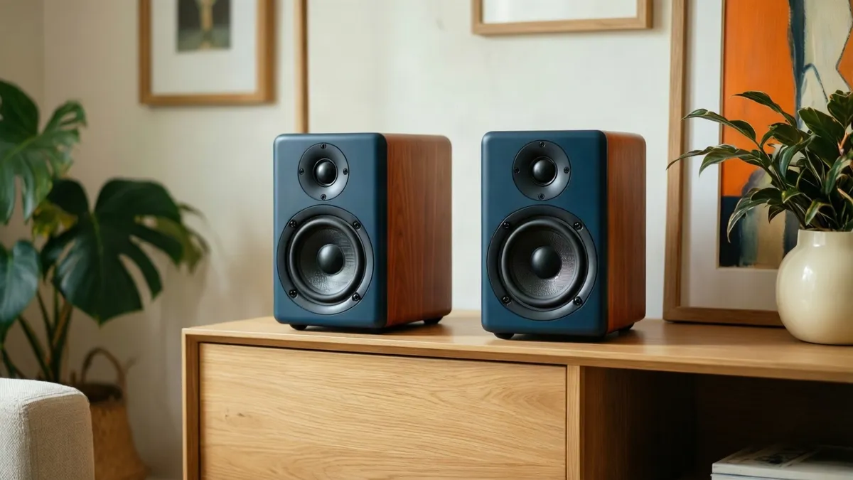 Dos altavoces compactos sobre una cómoda de madera en un salón luminoso