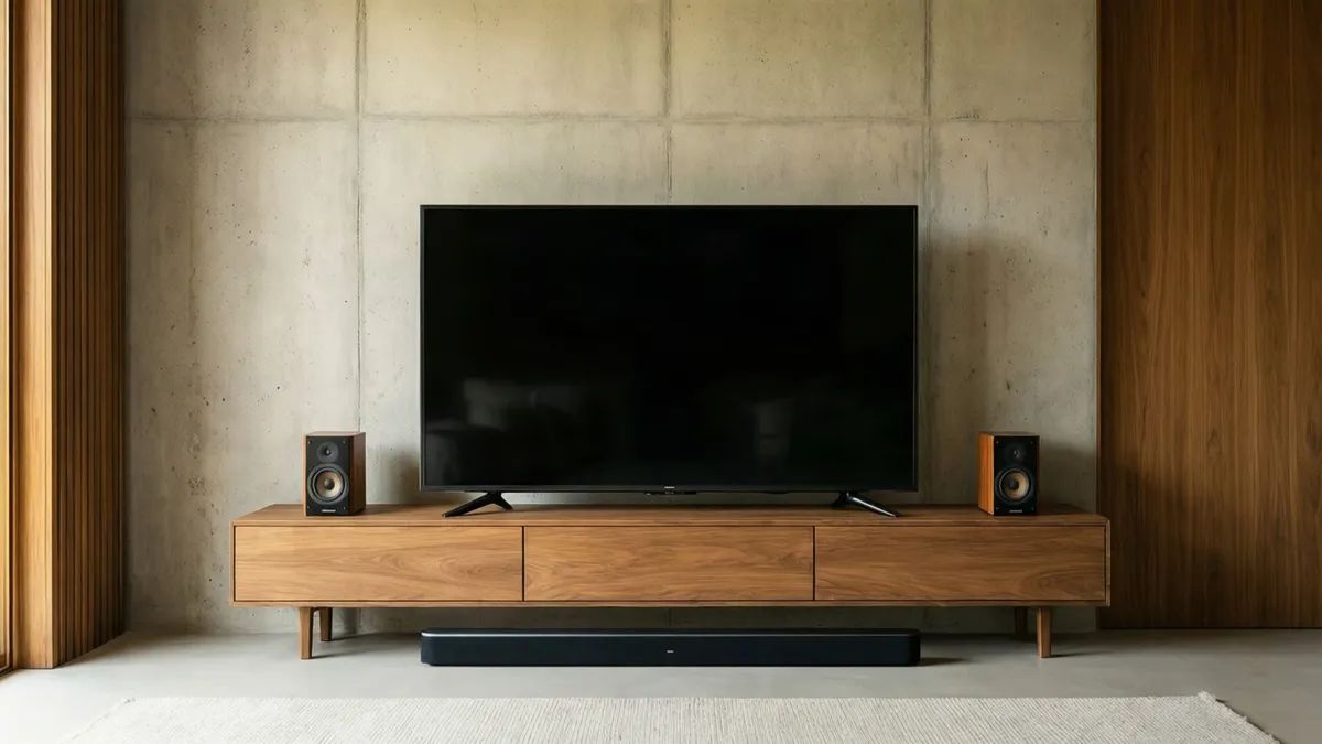 Televisor apagado con una barra de sonido y dos altavoces sobre un mueble de madera