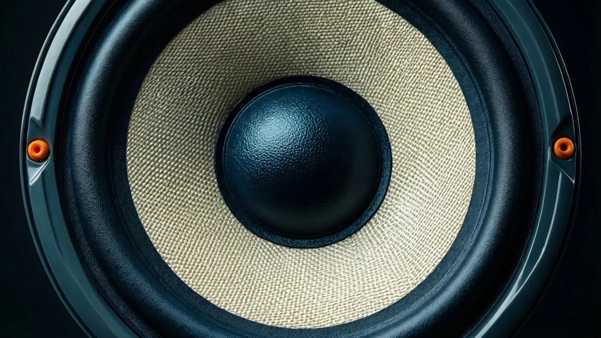 Primer plano de un cono de altavoz y su membrana texturizada bajo luz de estudio